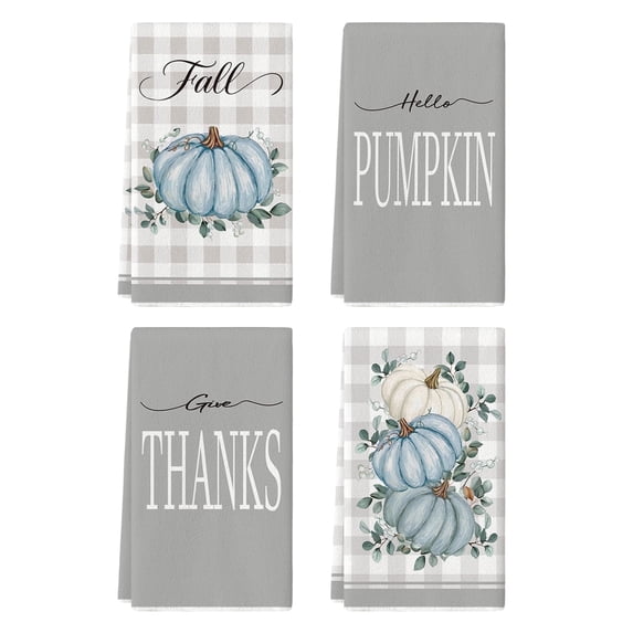 Sm:)e Buffalo Plaid Blue Pumpkin Give Thanks Eucalyptus Fall Thanksgiving Kitchen Dish Towels 18x26 Inch Set of 4