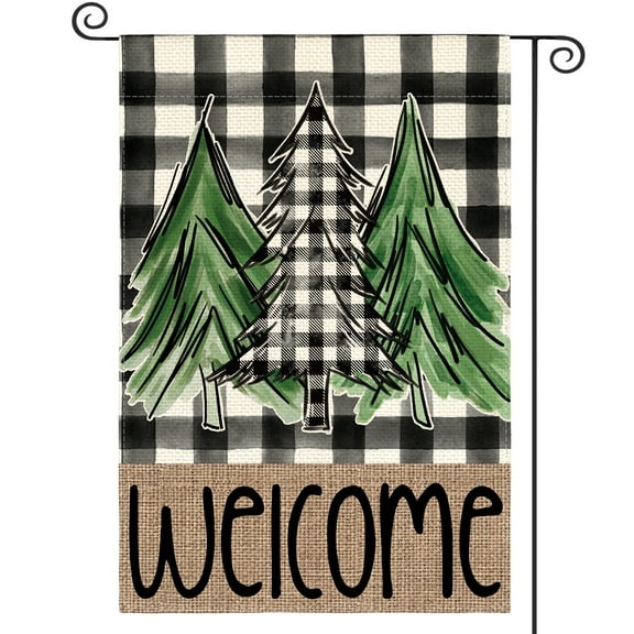 Sm:)e Buffalo Plaid Christmas Tree Garden Flag 12x18 Inch Double Sided Outside, Welcome Festive Holiday Winter Yard Outdoor Decorative Flag