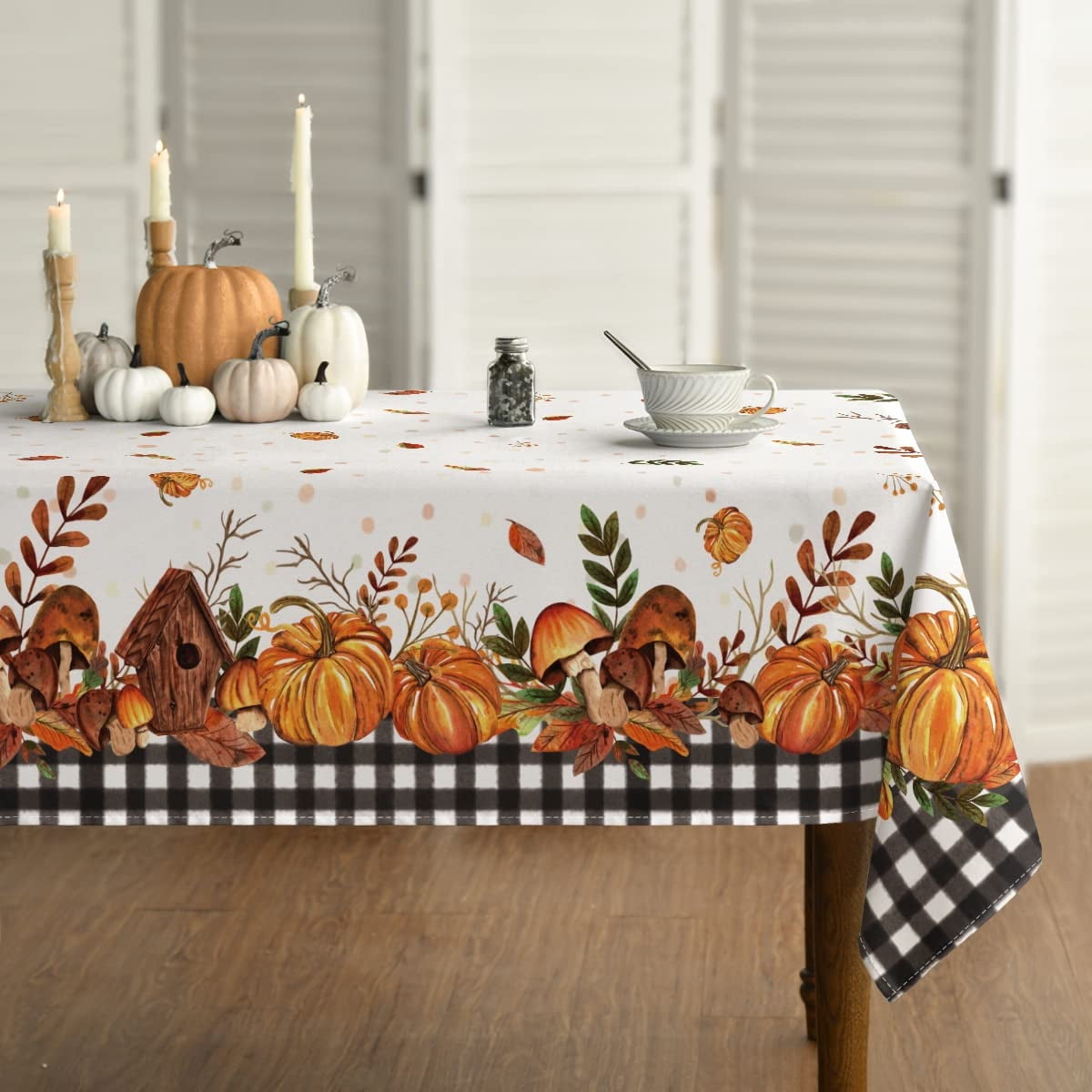 Sm:)e Buffalo Plaid Fall Thanksgiving Table Cloth 60 x 104 Inch Rectangle, Pumpkin Birdhouse Mushroom