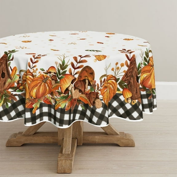 Sm:)e Buffalo Plaid Fall Thanksgiving Table Cloth 70 Inch Round, Pumpkin Birdhouse Mushroom