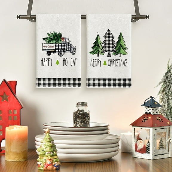 Sm:)e Buffalo Plaid Happy Holiday Christmas Tree Truck Xmas Winter Kitchen Dish Towels 18 x 26 inch, Set of 2