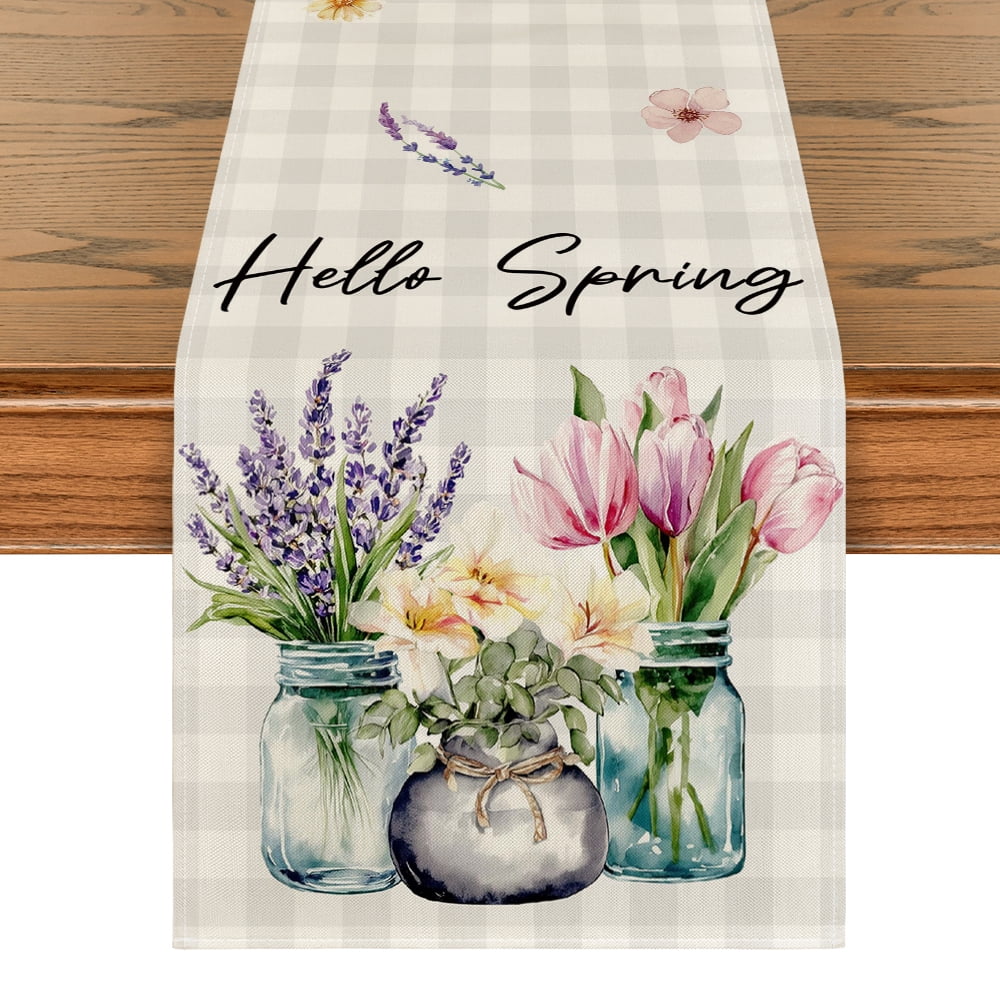 Smile Buffalo Plaid Lavender Vase Hello Spring Table Runner for Dining ...