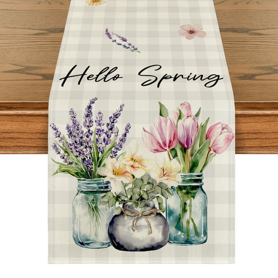 Smile Buffalo Plaid Lavender Vase Hello Spring Table Runner for Dining Table 13 x 48 Inch