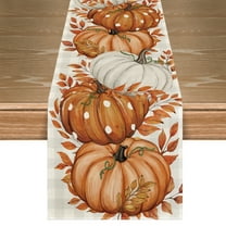 Smile Buffalo Plaid Orange Pumpkins Eucalyptus Fall Table Runner, Autumn Thanksgiving Kitchen Dining Table Decoration for Home Party Decor 13x72 Inch