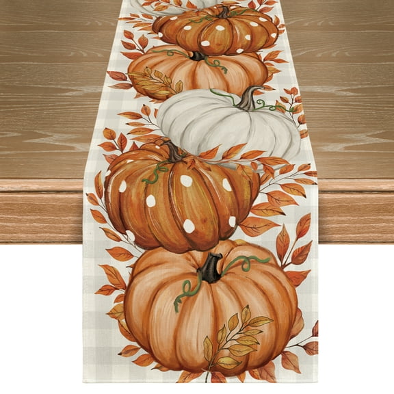Smile Buffalo Plaid Orange Pumpkins Eucalyptus Fall Table Runner, Autumn Thanksgiving Kitchen Dining Table Decoration for Home Party Decor 13x72 Inch