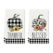 Smile Buffalo Plaid Polka Dot Pumpkin Sunflower Harvest Fall Thanksgiving Kitchen Dish Towels Set of 2, 18x26 Inch