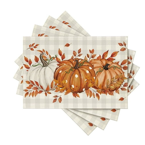 Smile Buffalo Plaid Polka Dot Pumpkins Leaves Fall Placemats Set of 4 for Table Runner, Kitchen Dining Table Decoration for Indoor Party 12x18 Inch