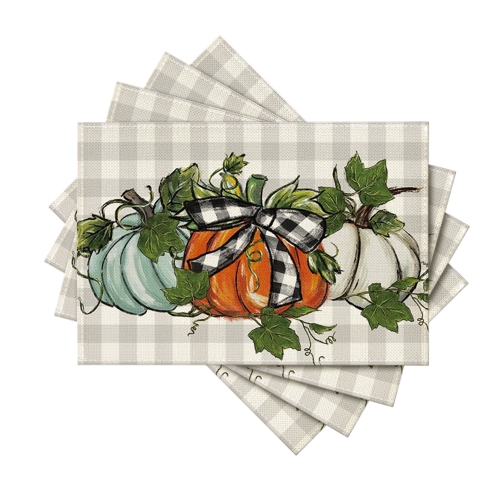 Smile Buffalo Plaid Pumpkins Leaves Fall Placemats Set of 4 for Table Runner, Kitchen Dining Table Decoration for Indoor Party 12x18 Inch