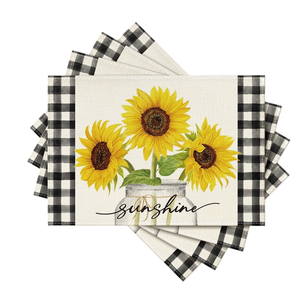 Smile Buffalo Plaid Sunflower Sunshine Spring Summer Placemats 12x18