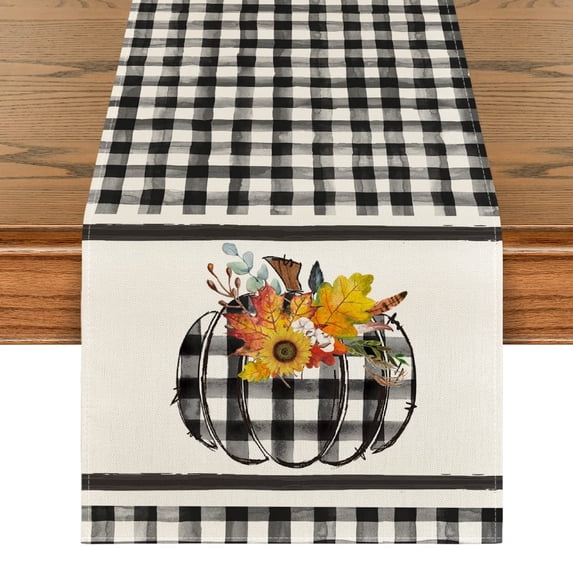 Smile Buffalo Plaid Watercolor Pumpkin Sunflower Thanksgiving Fall Table Runner 13 x 72