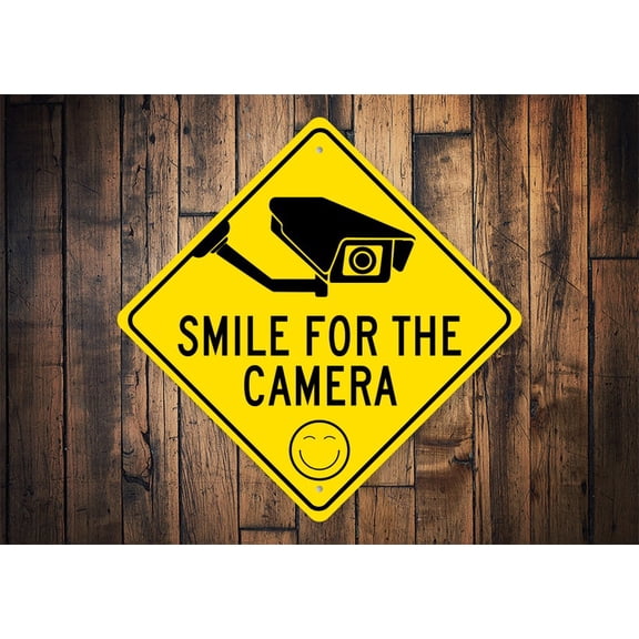 Smile For Camera Security Sign Funny Caution Sign Smile for Camera Funny Porch Sign Sign For Porch Porch Decor Security Camera Sign Size: 12 inch x 12 inch