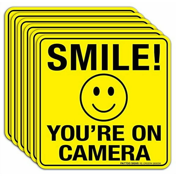 Smile You're On Camera Sign Stickers 6 Pack - 6 x 6 Inches- 4 Mil Vinyl - Laminated for UV, Weather, Scratch, Water and Fade Resistance - Easy To Stick - Use for CCTV Security Camera