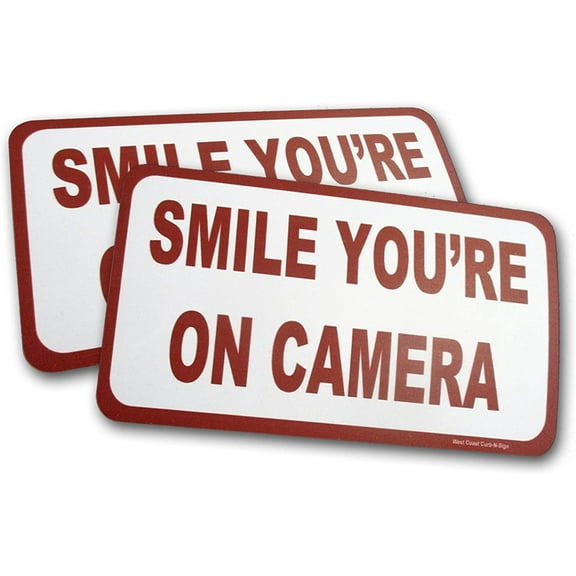 Smile You're on Camera Stickers (2 Pack), Home Security Stickers for House Business, Camera Warning Sign Outdoor/Indoor, Easy Peel and Stick Sticker by Curb-N-Sign
