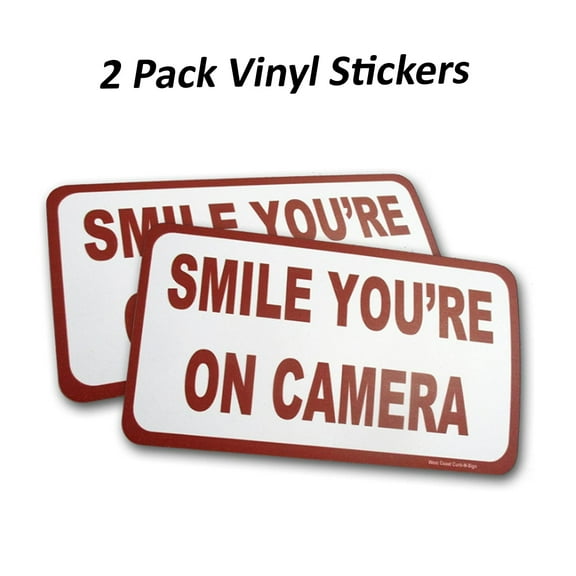 Smile You're on Camera Stickers (2 Pack), Home Security Stickers for House Business, Easy Installation, Camera Warning Sign Outdoor/Indoor by Curb-N-Sign ( 5x10 Inches)