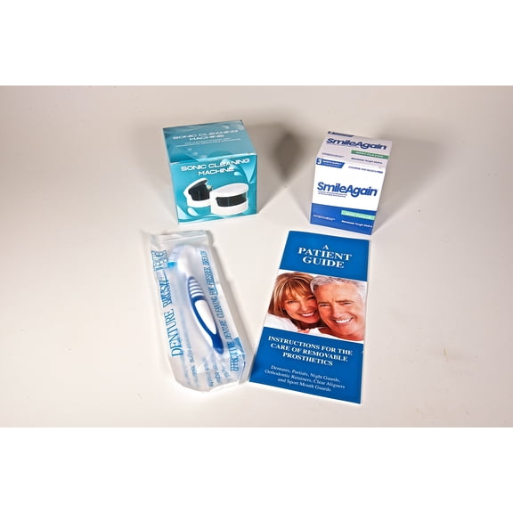 Smile Again Care Kit, Denture, Retainer & Aligner Care and Cleaning Bundle with Ultrasonic Denture & Retainer Cleaner, Brush, Denture Cleaning Solution, and Informational Brochure, Pack of 3