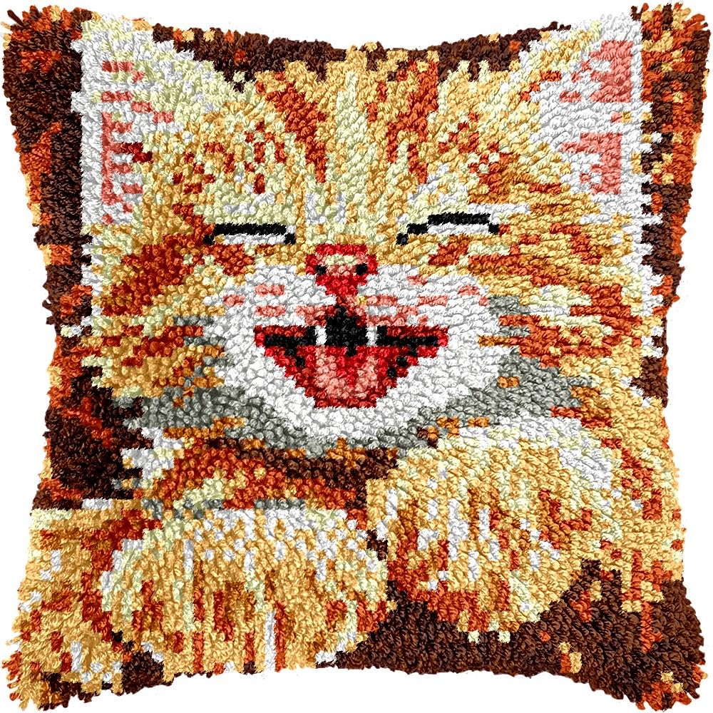 Smile Cat Latch Hook Kits Pillow kits Cushion Throw Pillow Embroidery Craft Kits DIY Kits of DIY Hooking Pillowcase Cover Supplier with Color Printed Canvas 43x43cm (58)