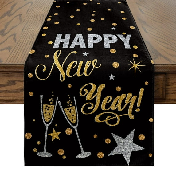 Smile Cheers Black and Gold 2025 Happy New Year Table Runner 13 x 72 Inch, Xmas Winter Holiday Kitchen Dining Table Decoration