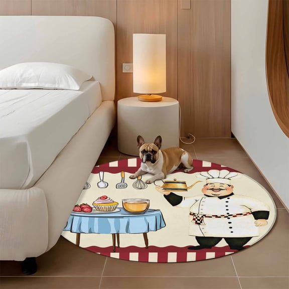 Smile Chef 3ft Round Rug for Bathroom Accent Bedside Corner, Kitchen Knife Fork Food Washable Non Slip Circle Area Rug for Small Spaces