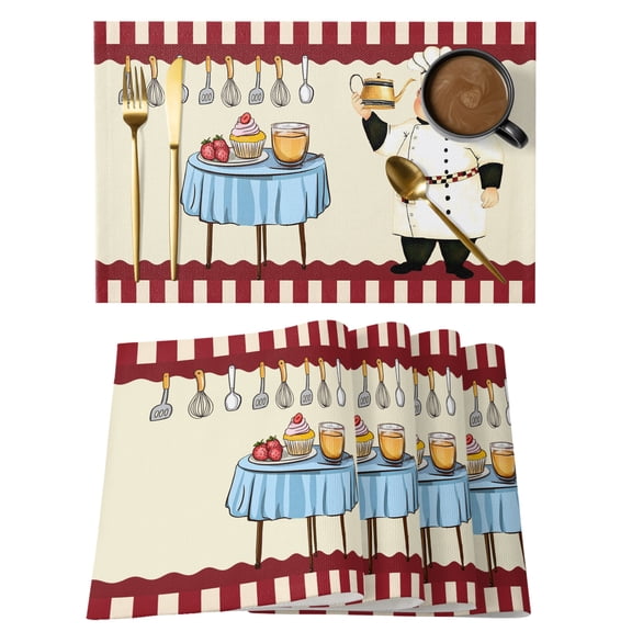 Smile Chef Cotton Linen Placemats Set of 1, Kitchen Knife Fork Food Washable Table Place Mats Heat Insulating Placemat for Dining Room Kitchen Daily Use 13 x 19 Inch