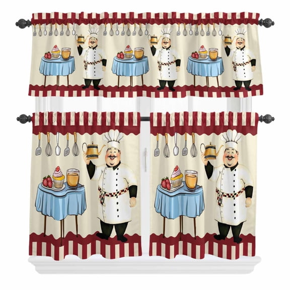 Smile Chef Curtain Valances Set Kitchen Knife Fork Food Red White Plaid Kitchen Curtains 24&nbsp;inch Length Rod Pocket Valance and Tiers 3 Piece Set Small Bedroom Bathroom Laundry Decor