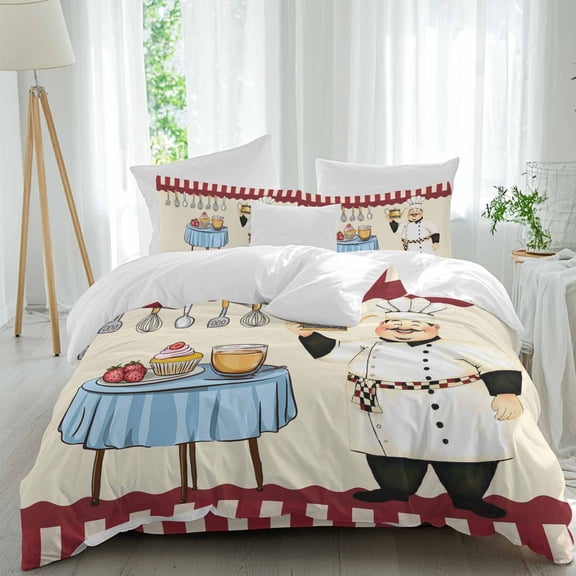 Smile Chef Duvet Cover Set Twin Size, Kitchen Knife Fork Food 4 Piece Soft Microfiber Bedding Set with 1 Duvet Cover, 1 Flat Sheet, 2 Pillowcases