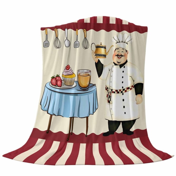 Smile Chef Throw Flannel Blanket Kitchen Knife Fork Food Red White Plaid Super Soft Cozy Bed Blanket, Lightweight Plush Fuzzy Bed Throw for Bedroom Sofa Couch Living Room 30x40In,
