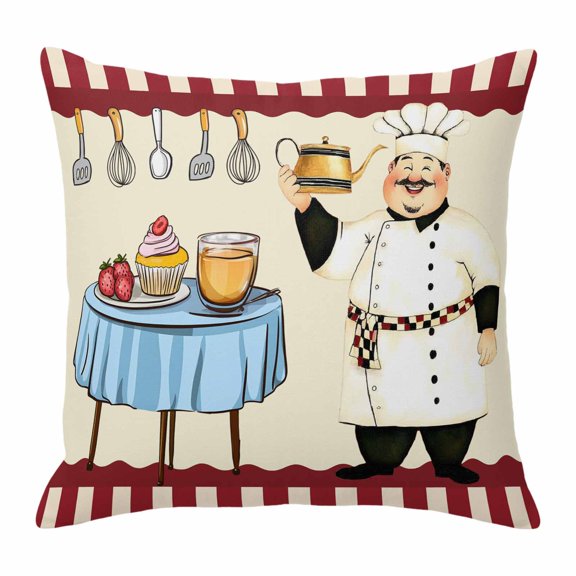 Smile Chef Throw Pillow Cover Kitchen Knife Fork Food Cotton Linen Cushion Cover Throw Pillow Case with Invisible Zipper for Couch Sofa Bed Chair Car 16x16 Inch