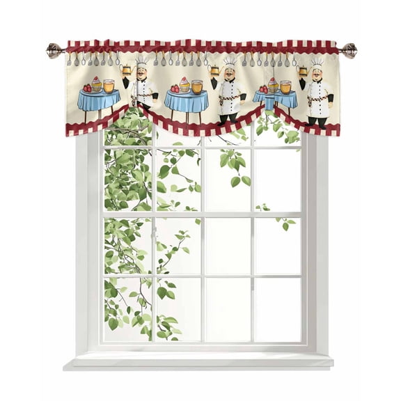 Smile Chef Tie Up Valances Curtain, Adjustable Kitchen Kitchen Knife Fork Food Valances for Windows Decor, Rod Pocket Short Curtains Set for Bedroom/Bathroom, 54"x18"