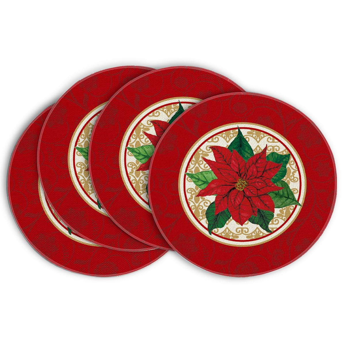 Smile Watercolor Poinsettia Red Christmas Round Placemats Set of 4, 15 Inch Winter Xmas Holiday Round Table Mats for Dining Decoration