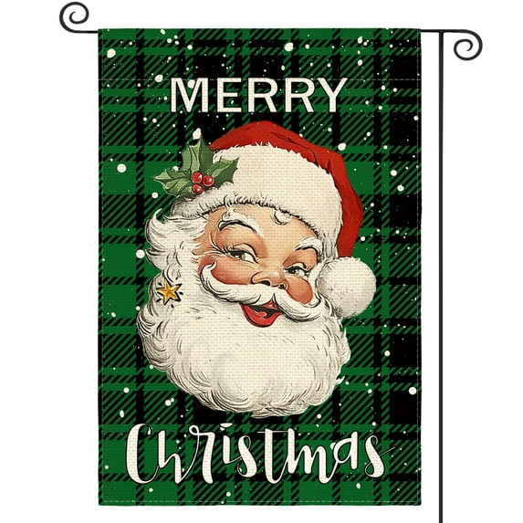 Sm:)e Christmas Santa Claus Garden Flag Double Sided 12 x 18 Inch Green Black Buffalo Plaid