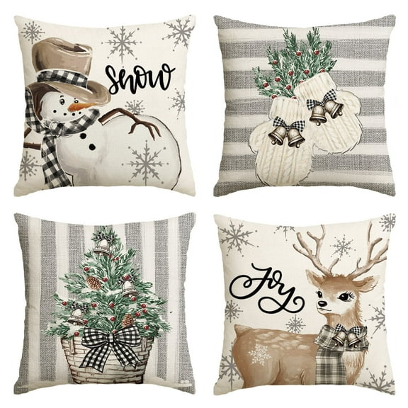 Sm:)e Christmas Throw Pillow Covers 18 x 18 Inch Set of 4, Snowman Reindeer Snowflake Gloves Eucalyptus Winter Holiday Stripes Cushion Case Decoration for Sofa Couch