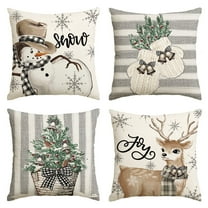 Sm:)e Christmas Throw Pillow Covers 18x18 Inch Set of 4, Snowman Reindeer Snowflake Gloves Winter Holiday Stripes Sofa Couch Decoration