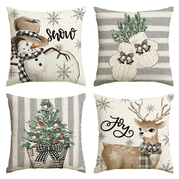 Sm:)e Christmas Throw Pillow Covers 18x18 Inch Set of 4, Snowman Reindeer Snowflake Gloves Winter Holiday Stripes Sofa Couch Decoration