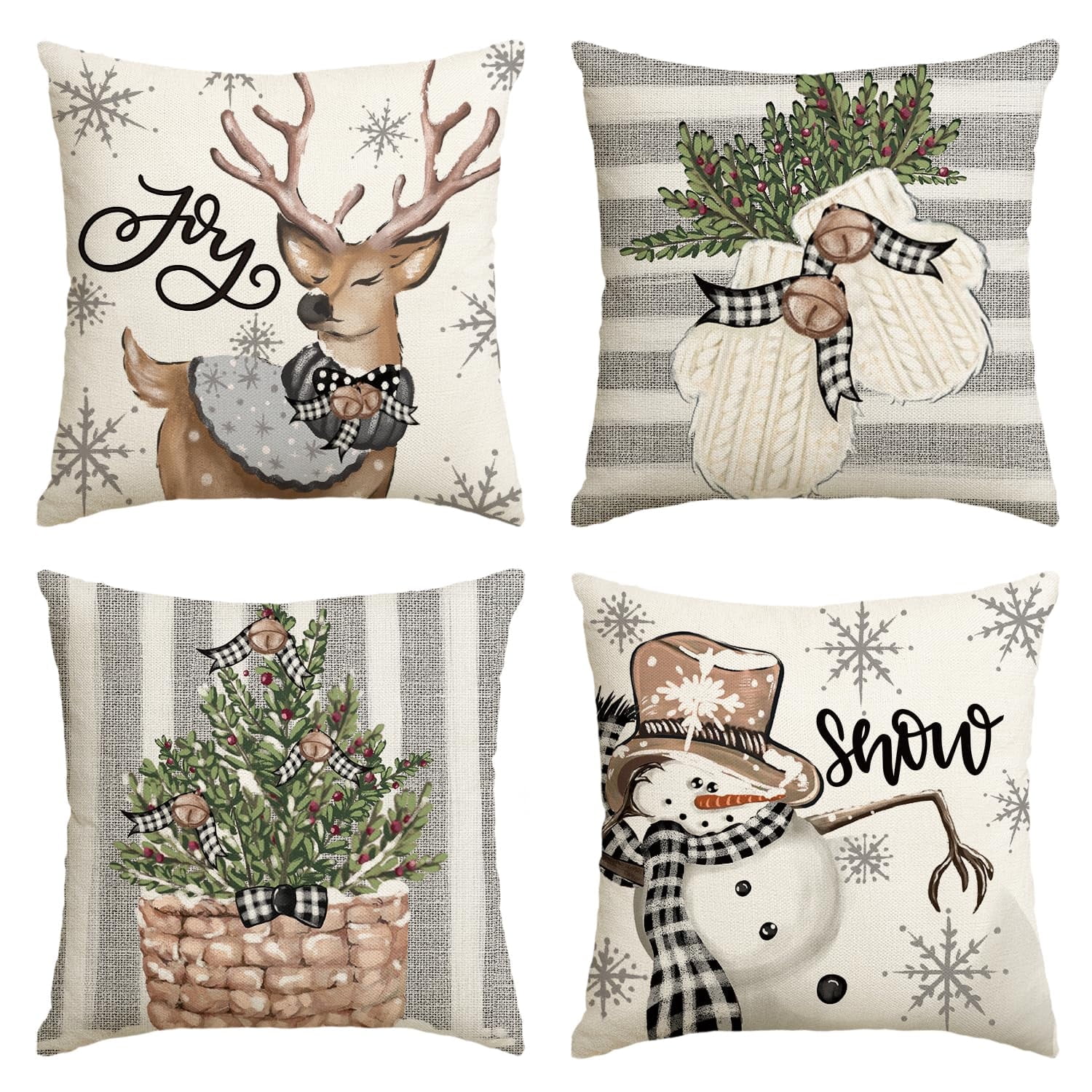 Sm:)e Christmas Throw Pillow Covers 18 x 18 Inch Set of 4, Snowman Reindeer Snowflake Gloves Eucalyptus Winter Holiday Stripes Cushion Case Decoration for Sofa Couch