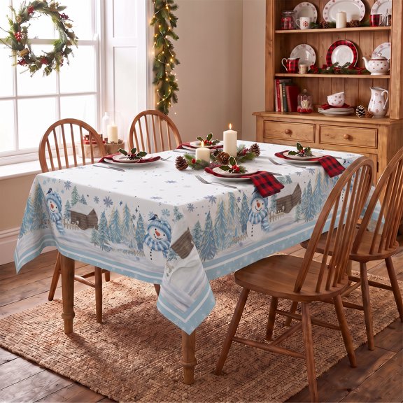 Sm:)e Christmas Tablecloth 60×84 Inch Rectangular, Blue Snowman Pine Snow Winter Table Cover for Party Picnic Dinner Decor