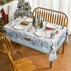 Sm:)e Christmas Tablecloth 60×84 Inch Rectangular, Blue Snowman Pine Snow Washable Table Cover for Party Picnic Dinner Decor