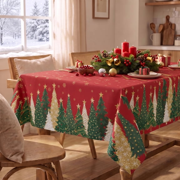 Sm:)e Christmas Tablecloth 60×84 Inch Rectangular, Christmas Trees Red Winter Table Cover for Party Picnic Dinner Decor