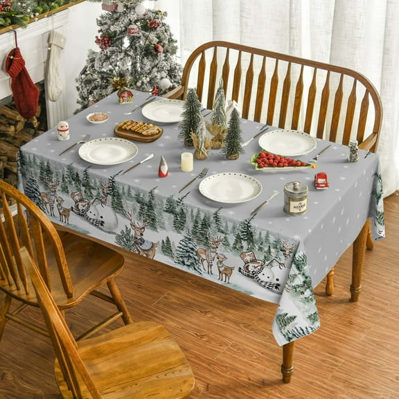 Sm:)e Christmas Tablecloth 60x104 Inch Rectangular, Deers Snowman Trees Grey Washable Table Cover for Party Picnic Dinner Decor