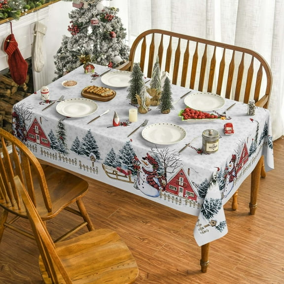 Sm:)e Christmas Tablecloth 60x84 Inch, Winter Snowman House Christmas Trees White Washable Table Cover for Party Picnic Dinner Decor
