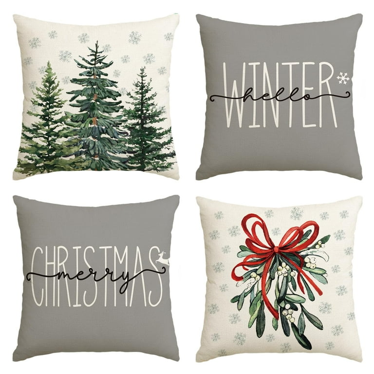 Artoid Mode Smile Christmas Tree Hello Winter Pillow Covers 18 x 18 Set of 4 Square Xmas Decorative Farmhouse Outdoor Pillow Case Beige