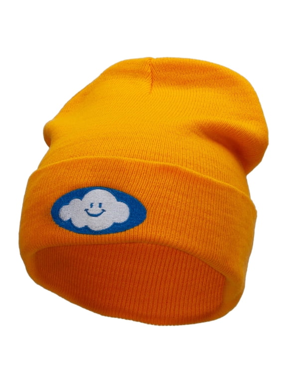 Smile Cloud Embroidered 12 Inch Long Knitted Beanie - Yellow OSFM