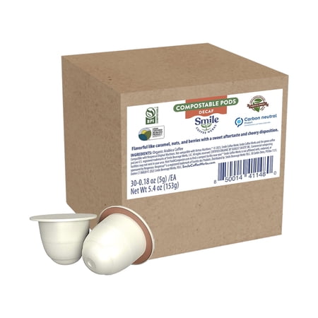 Smile Coffee Werks, Decaf, Compostable Coffee Pods, Arabica Bean Dark Roast, Compatible with Nespresso Original Brewers, 30 Count
