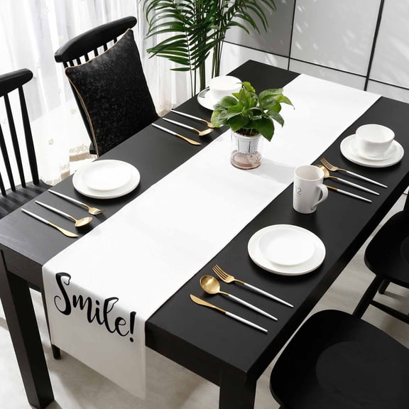 Smile Cotton Linen Table Runner 18 x 72 inch Black Words Non-slip Rectangular Dining Table Decor for Wedding Party Holiday Dinner