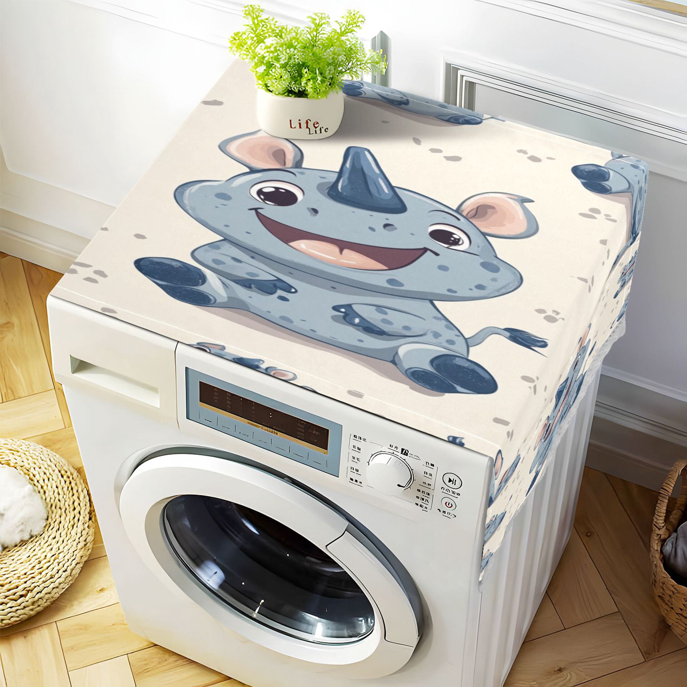 Smile Cute RhinocerosWasher and Dryer Covers Dust-Proof and Oil Resistant Fridge Cover with 4 Storage Pockets Washing Machine Top Cover for Laundry Kitchen Home 51.2 x 22 In