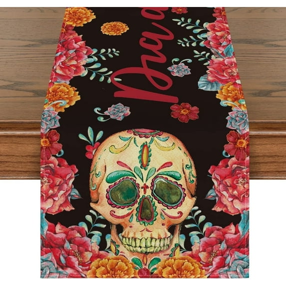 Smile Day of the Dead Skull Table Runner 13 x 72 Inch