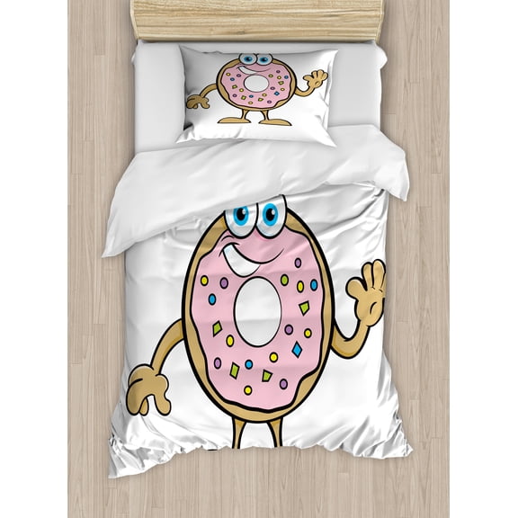 Smile Duvet Cover Set, Cartoon Style Print of Waving Donut with Colorful Sprinkles Details, Decorative 2 Piece Bedding Set with 1 Pillow Shams, Twin Size, Rose Multicolor, by Ambesonne