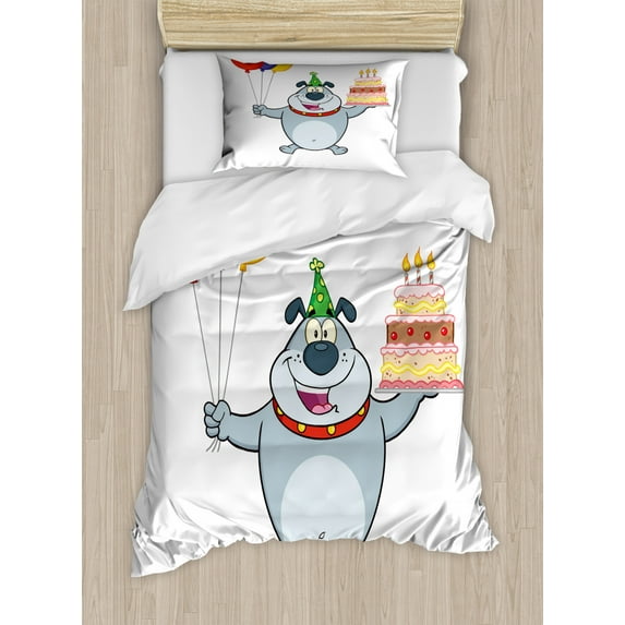 Smile Duvet Cover Set Twin Size, Happy Gray Bulldog Holding Balloons and a Birthday Cake Party Theme Celebration Print, Decorative 2 Piece Bedding Set with 1 Pillow Sham, Multicolor, by Ambesonne