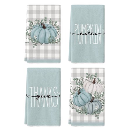 Sm:)e Give Thanks Eucalyptus Leaves Watercolor Blue Pumpkins Fall Kitchen Dish Towels Set of 4, 18 x 26 Inch
