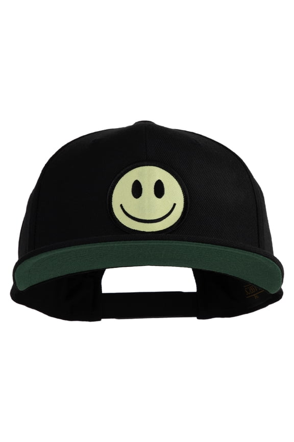 Smile Face Circular Patched 5 Panel Flat Bill Twill Snapback Solid Cap - Black OSFM