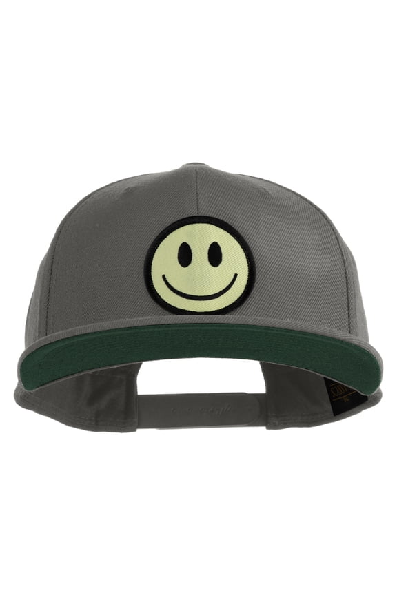 Smile Face Circular Patched 5 Panel Flat Bill Twill Snapback Solid Cap - Dk Grey OSFM